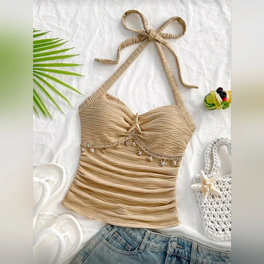 Soleia Tie Strap Starfish Shell Decor V-Neck Metal Buckle Knit Textured Halter - Picture 5 of 7